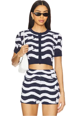 JoosTricot X REVOLVE X Revolve Short Sleeve Crop Cardigan in Navy,White. Size M, S, XS.