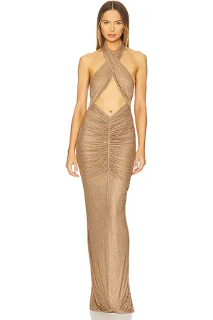 Retrofete Oakley Mesh Embellished Dress in Tan,Metallic Bronze. Size S, XS.