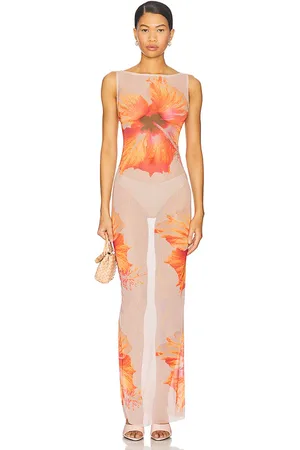 GOOD AMERICAN Gauze Mesh Maxi Dress in Neutral,Orange. Size L, M, S, XS.