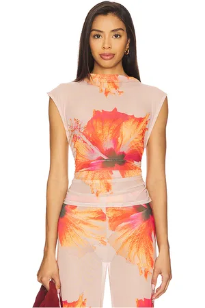 GOOD AMERICAN Gauze Mesh Mock Neck Tank Top in Orange,Neutral. Size XS.