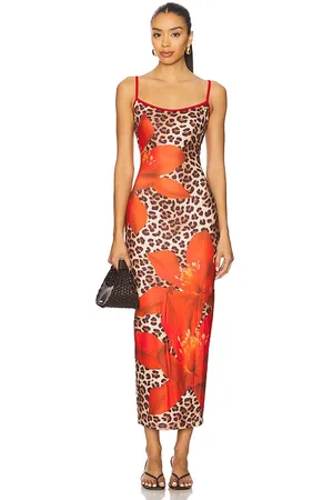 Runaway The Label Victoria Midi Dress in Red,Brown. Size S, XL, XS.