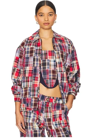 DANIELLE GUIZIO Kian Patchwork Bomber in Blue,Red. Size M, S, XL, XS, XXS.