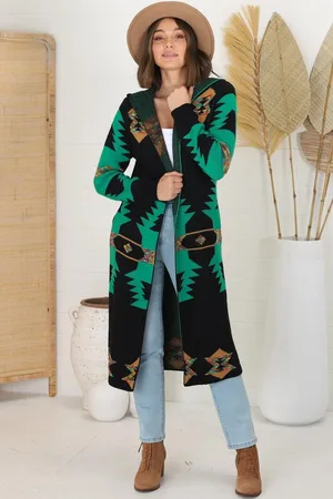 Salty Crush Quest Cardigan - Hooded Long Line Graphic Cardigan in Black