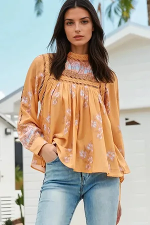 Jaase Ginny Blouse: Lace High Neck Pull Over Blouse in Mango Paper Crane Print