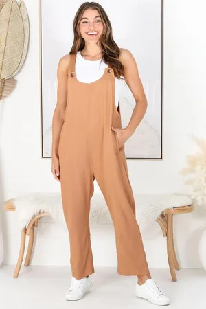 Salty Crush Tulum Jumpsuit - Linen Blend Overalls Pockets in Tan