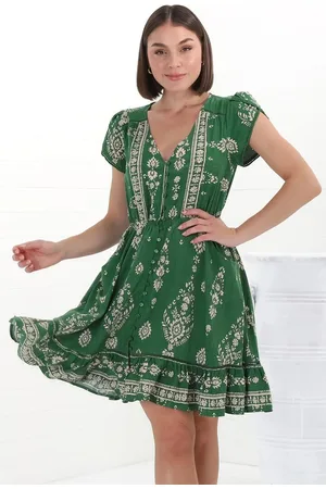 Jaase Lizzie Mini Dress: Butterfly Cap Sleeve Button Down Dress with Pockets in Kiva Print