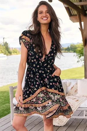Jaase Lizzie Mini Dress: Butterfly Cap Sleeve Button Down Dress with Pockets in Eternity Print