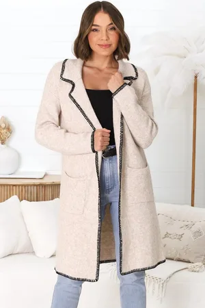 Salty Crush Kinny Cardigan - Collared Contrast Stitching Cardigan in Oat