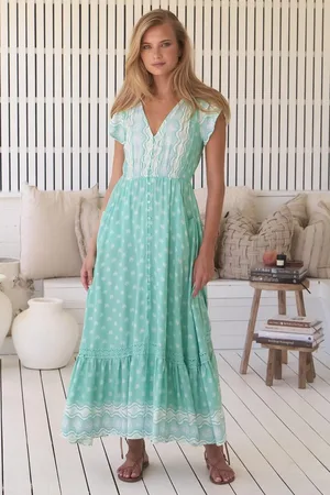 Jaase Carmen Maxi Dress: Butterfly Cap Sleeve Button Down A Line Dress with Lace Trim in Sea Foam Print