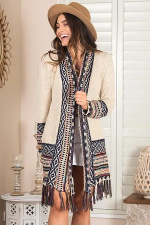 Salty Crush Pasadena Cardigan - Open Front Graphic Border Print with Tassel Hemline in Beige