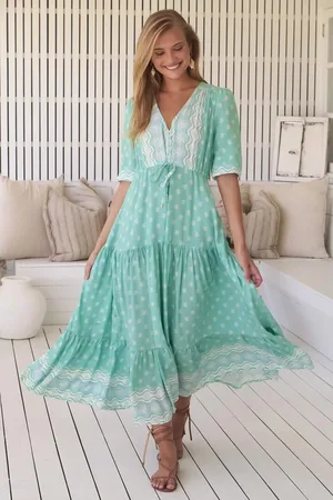 Jaase Tessa Maxi Dress: A Line Pull Tie Waist Dress in Sea Foam Print