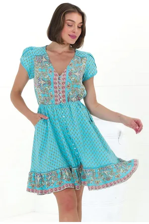 Jaase Lizzie Mini Dress: Butterfly Cap Sleeve Button Down Dress with Pockets in Atlantis Print