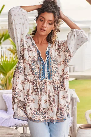 Jaase Chloe Top: Very Oversized Crochet Trim Neckline Smock Top in Gemstone Print