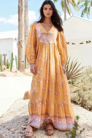 Jaase Meadow Maxi Dress: Long Sleeve Full Length Tiered Maxi Dress in Mango Paper Crane Print