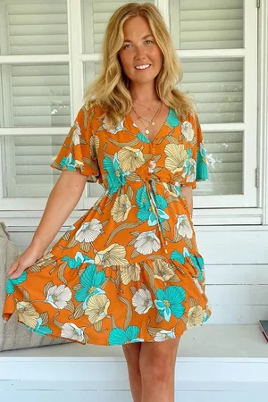 Jaase Tess Mini Dress: Cap Sleeve Dress with Waist Tie in Aqua Fields Print