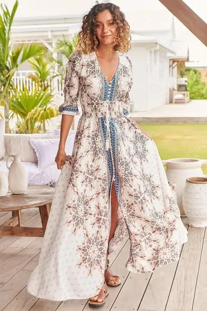 Jaase Indiana Maxi Dress: Lace Back Shirred Waist A Line Dress with Handkerchief Hemline in Gemstone Print