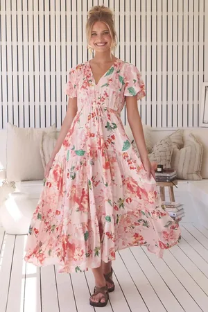 Jaase Teresia Maxi Dress: Cap Flutter Sleeve Pull Tie Waist Dress in Alessia Print