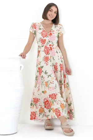 Jaase Carmen Maxi Dress: Butterfly Cap Sleeve Button Down A Line Dress with Lace Trim in Verbena