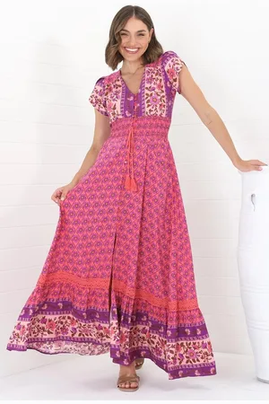 Jaase Romi Maxi Dress: Button Down Cap Sleeve Dress with Waist Tie in Jolene Print
