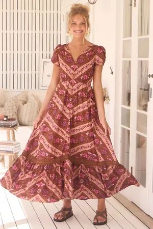 Jaase Carmen Maxi Dress: Butterfly Cap Sleeve Button Down A Line Dress with Lace Trim in Savanna Print