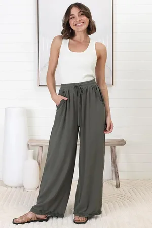 Salty Crush Bailie Linen Pants - Rick Rack Detailed Straight Leg Pants in Khaki