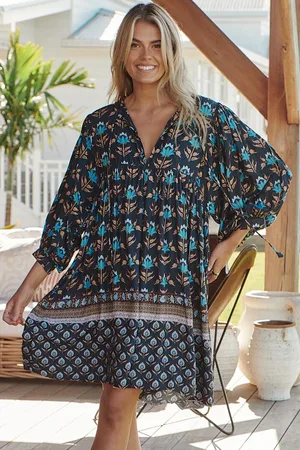Jaase Xavier Mini Dress: V Neckline with 3/4 Balloon Sleeves in Juniper Print