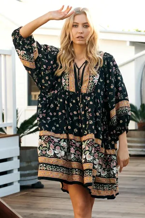 Jaase Adela Mini Dress: Oversized Smock Dress with Batwing Sleeves in Eternity Print