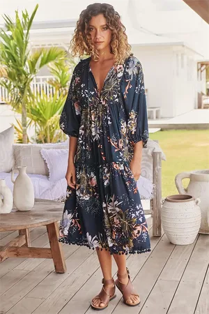 Jaase Palace Midi Dress: Pom Pom Spliced Batwing Sleeve Dress with Neck Tie in Indigo Print