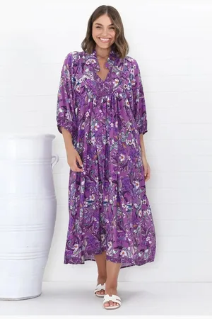 Jaase Boheme Midi Dress: Piping Defined Bust Slimline Smock Dress in Rhodium Print