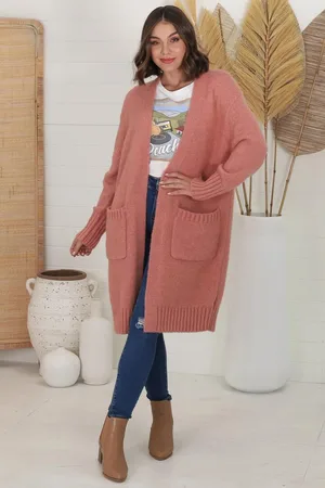 Salty Crush Kartika Cardigan - Long Ribbed Cuff and Hem Cardigan with Pockets in Dusty Rose