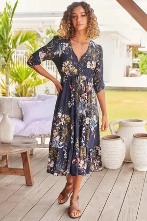 Jaase Eve Midi Dress: V Neck Tiered Dress with Option Waist Tie in Indigo Print
