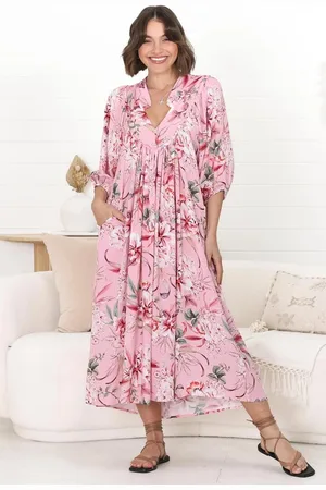 Jaase Boheme Midi Dress: Piping Defined Bust Slimline Smock Dress In Lotus