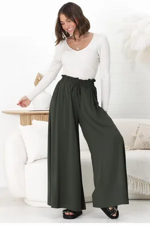 Salty Crush Charli Pants - Paper Bag High Waisted Wide Leg Pants in Olive