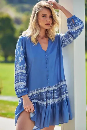 Jaase Payson Mini Dress: Border Print Button Down Balloon Sleeve Dress in Eshana Print