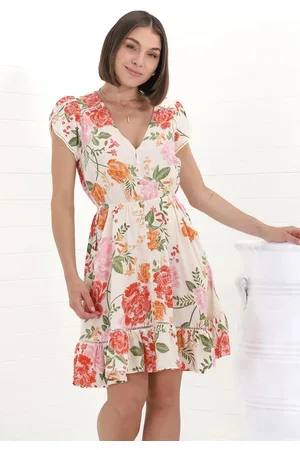 Jaase Lizzie Mini Dress: Butterfly Cap Sleeve Button Down Dress with Pockets in Verbena Print