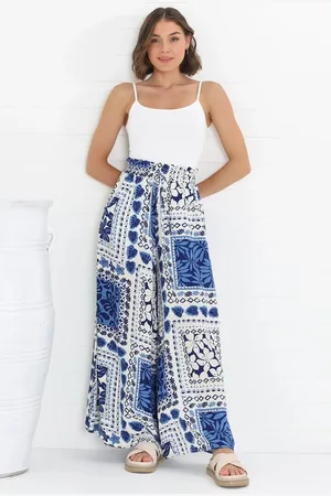 Salty Crush Charli Pants - Paper Bag High Waisted Wide Leg Pants in Halia Print