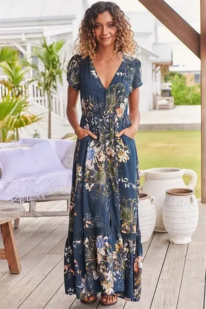 Jaase Carmen Maxi Dress: Butterfly Cap Sleeve Button Down A Line Dress with Lace Trim in Indigo Print