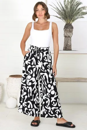 Salty Crush Jaxie Pants - Elasticated Paperbag Waist with Drawstring Wide Leg Pants with Pockets in Black