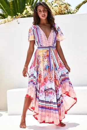 Jaase Taurus Maxi Dress: Flutter Cap Sleeve Deep V Neck Handkerchief Hem Dress with Matching Waist Tie in Lunar Print