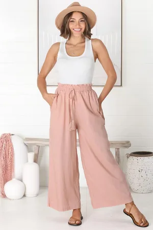 Salty Crush Levelle Pants - Linen Blend Paper Bag Waist with Drawstring Wide Leg Pants with Pockets in Blush