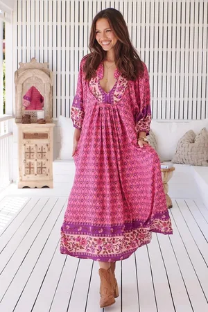 Jaase Boheme Midi Dress: Piping Defined Bust Slimline Smock Dress In Jolene Print