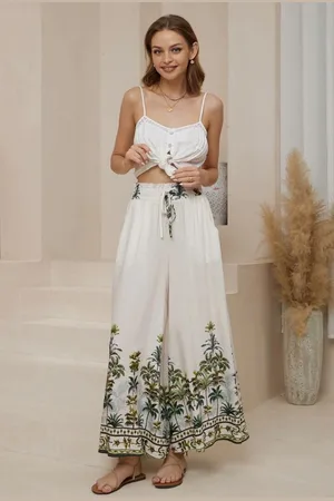 Salty Crush Charli Pants - Paper Bag High Waisted Wide Leg Pants in Nessa Print