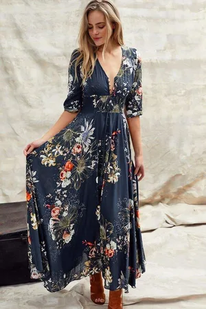 Jaase Indiana Maxi Dress: Lace Back Shirred Waist A Line Dress with Handkerchief Hemline in Indigo Print