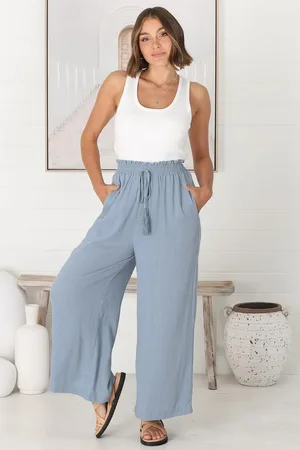 Salty Crush Levelle Pants - Linen Blend Paper Bag Waist with Drawstring Wide Leg Pants with Pockets in Cloudy