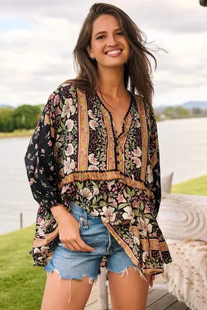 Jaase Chloe Top: Very Oversized Crochet Trim Neckline Smock Top in Eternity Print