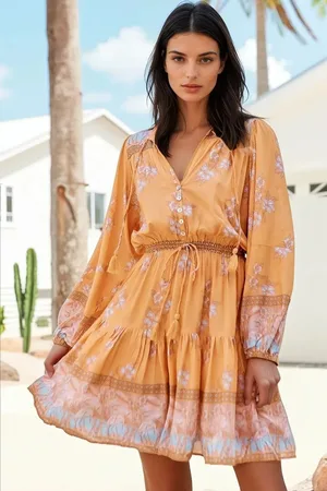 Jaase Bali Mini Dress: V Neck with Tassel Tie A Line Dress in Mango Paper Crane Print