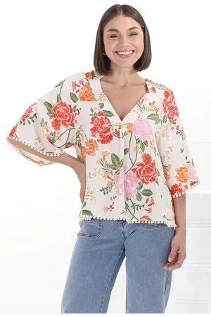 Jaase Gabriella Top: Mandarin Collar Deep V Neck Crochet Trim Top in Verbena Print