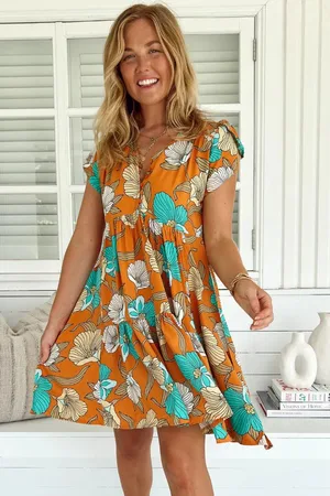 Jaase Tracey Mini Dress: Cap Sleeve Dress with Waist Tie in Aqua Fields Print