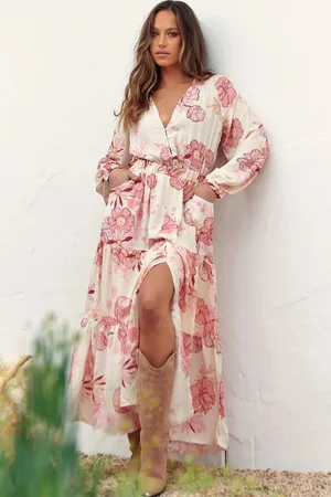 Jaase Otto Maxi Dress: Deep V Neck Long Sleeve Dress with Pockets in Lucie Print