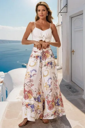 Salty Crush Charli Pants - Paper Bag High Waisted Wide Leg Pants in Adelia Print